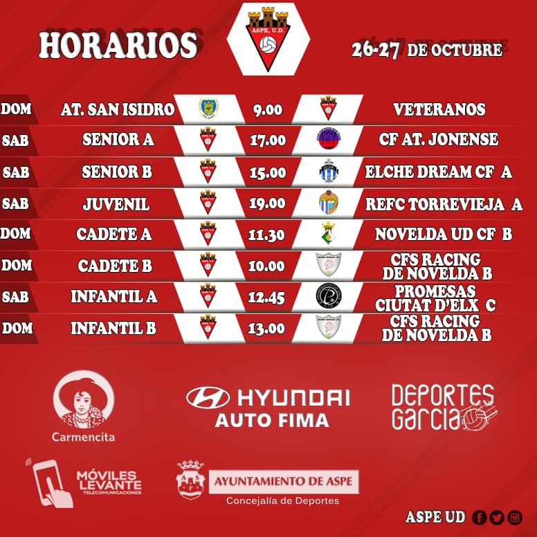 Horarios Aspe UD Fútbol 11 Jornada 26-27 de Octubre 2019