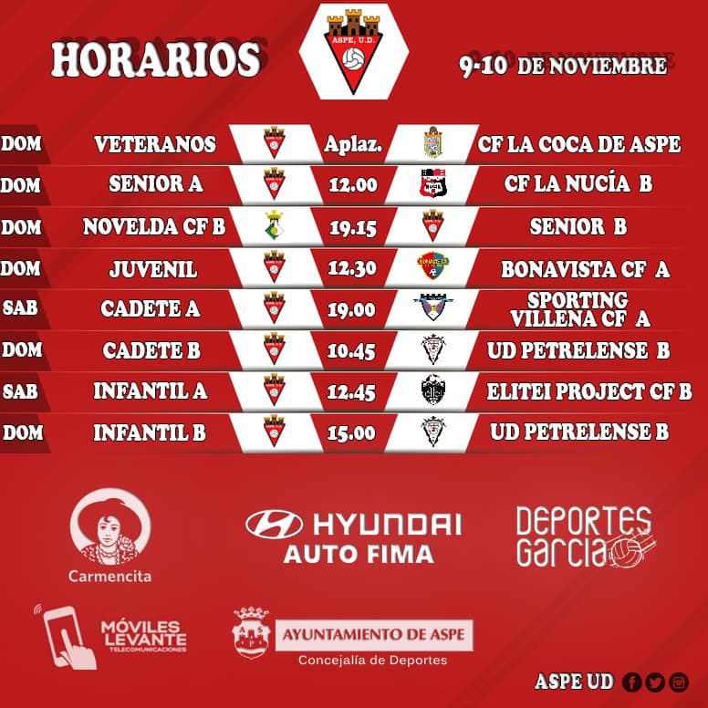 Horarios Aspe UD Fútbol 11 - 9 y 10 noviembre 2019