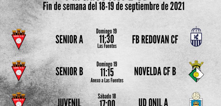 Horarios de los equipos del Aspe UD fin de semana 18 y 19 de septiembre