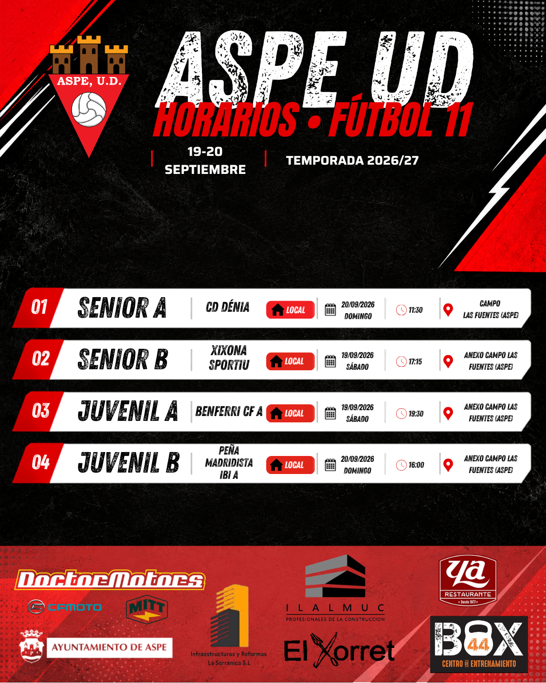 Horarios fútbol 11 - Aspe UD - 19 y 20 de septiembre 2026