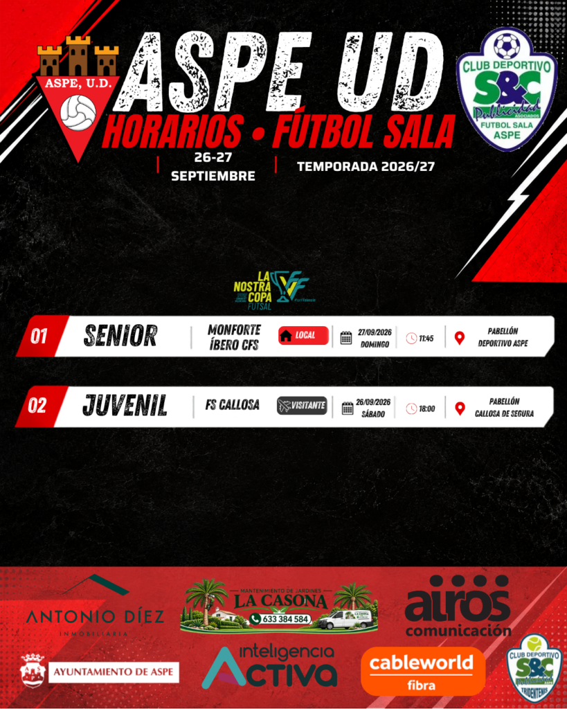 Horarios Futsal Aspe UD 26-27 septiembre